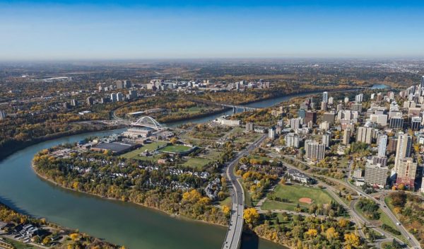 Aerial view of the river valley, bridges, downtown Edmonton, Alberta