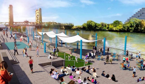 Rendering of the waterfront with people enjoying the space