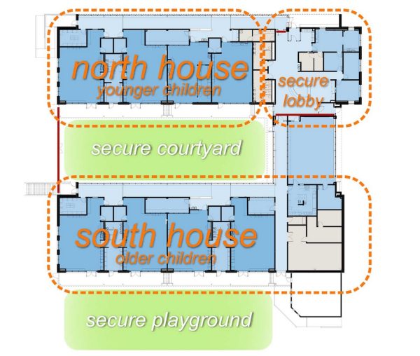 A floor plan showing zones in a child care facility