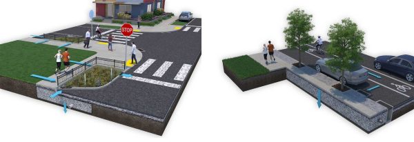 2 views of a computer model showing a street with planting areas