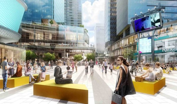 Design rendering of a public plaza at the ICE District in downtown Edmonton, Alberta.