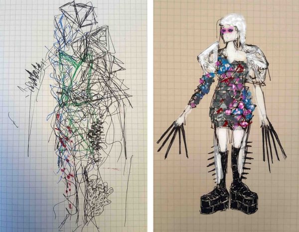 Initial and final concept sketches for a commercial interior wearables fashion concept.