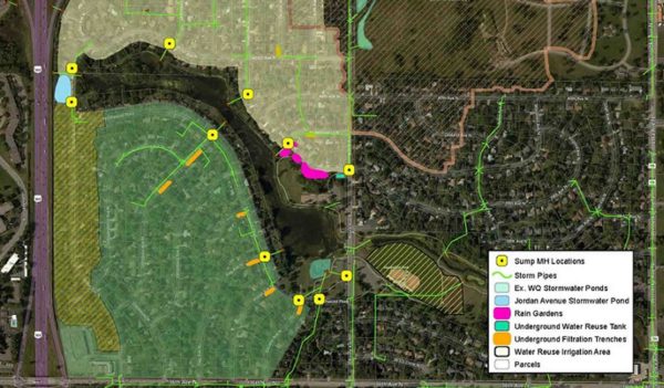 Mapping of City of New Hope stormwater management system, which includes sump manholes, rain gardens, filtration trenches, and a reuse tank.