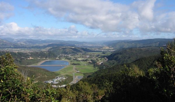View looking down on the Macaskill storage lakes, part of the Wellington, New Zealand, water supply system.