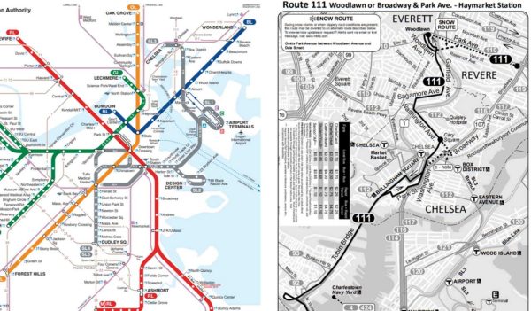 Clear transit wayfinding map on left, unclear bus map on right.