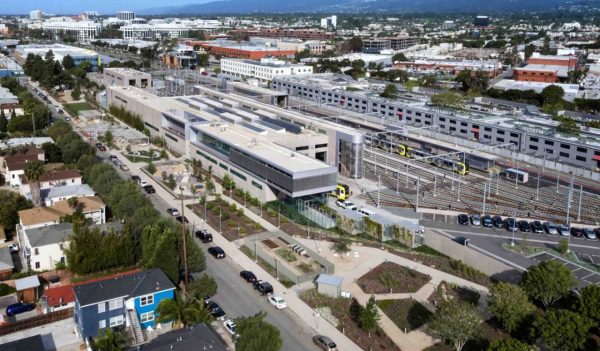 Overhead view of LA Metro Division 14 Expo Line Light Rail Operations & Maintenance Facility, Los Angeles, California.