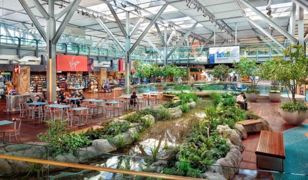 Airport retail area with natural garden and water feature