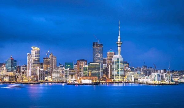 Auckland skyline at blue hour, Auckland, New Zealand