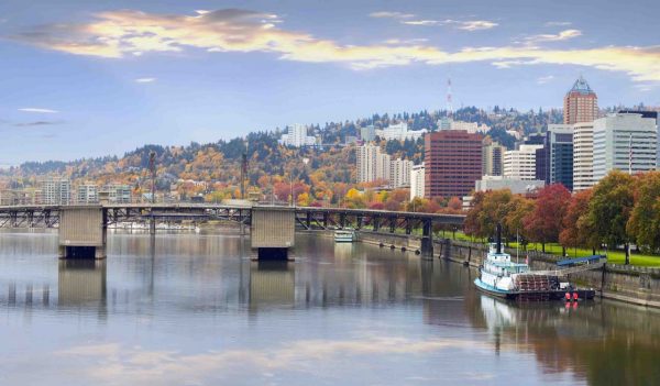 Portland Oregon Downtown City Skyline and Bridges over Willamette River Waterfront Panorama