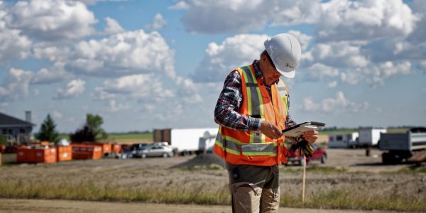 Man standing holding a tablet on a construction site