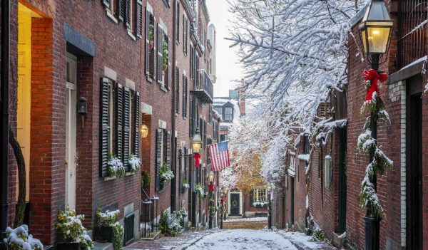 Boston street in winter with seasonal decorations