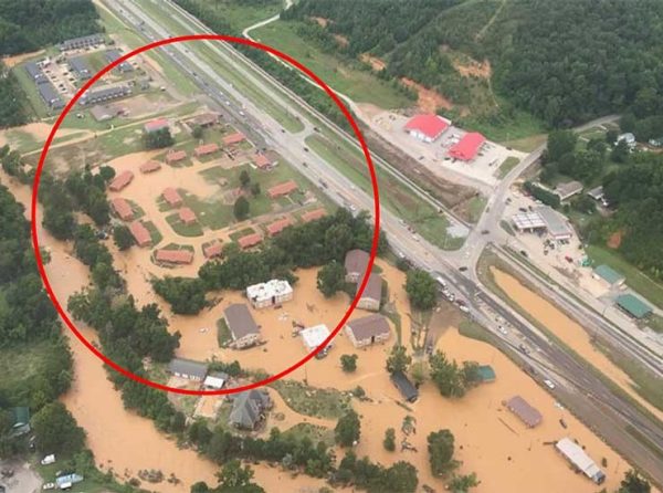 Aerial view of flash flood area - houses under water.