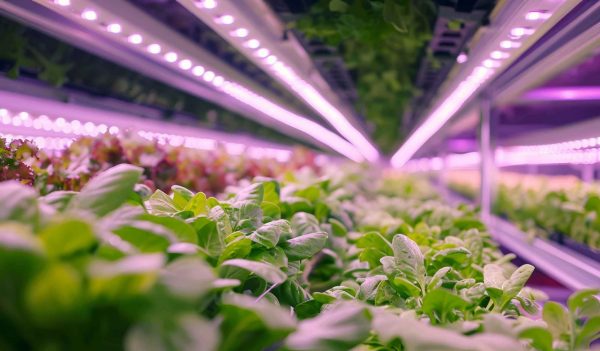 Automated farming facility featuring a green room and hydroponic greenhouse, where lettuce and other vegetables are grown using LED lights and sustainable methods