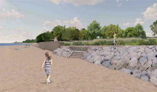 Rendering of girl walking on the beach with a stone retaining wall and walking path in the background.