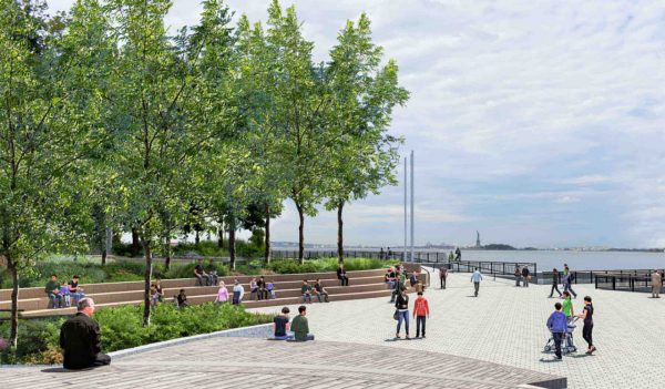 Rendering of public walkway with tiered seating along the waterfront.