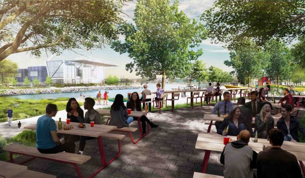 Rendering of people sitting outdoors at picnic tables along a pedestrian path.